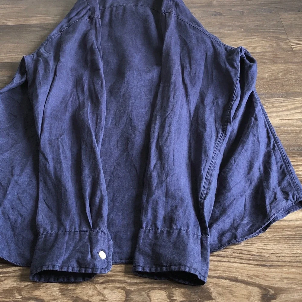 J Crew Mens 100% Linen Shirt Button Front Long Sleeve Navy Blue Large